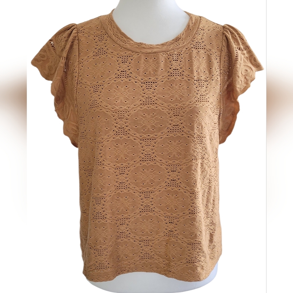 URBAN Romantics Tan Boho Cottagecore Eyelet Blouse, Women's Size Large